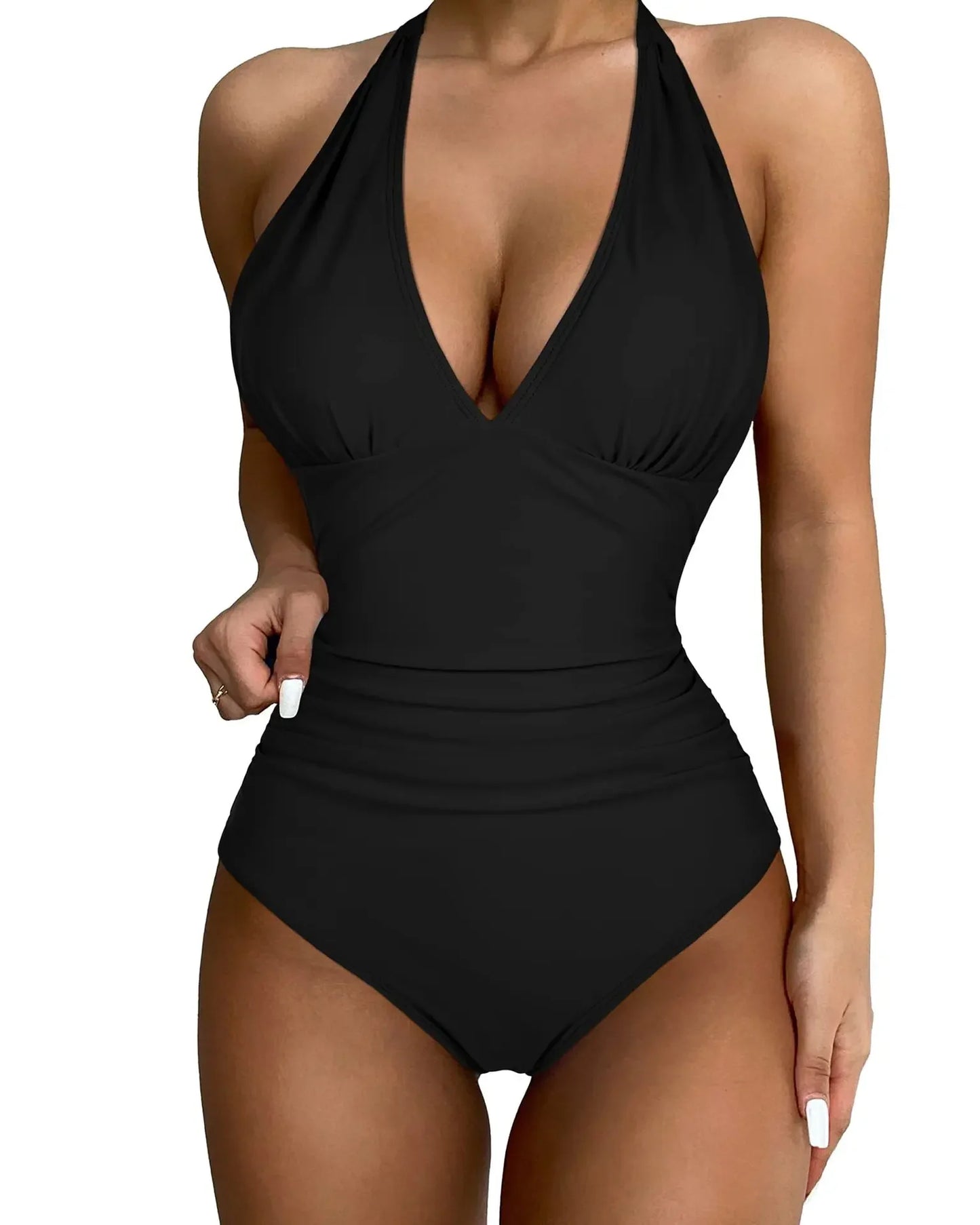 Block V-Neck Halter Swimsuit