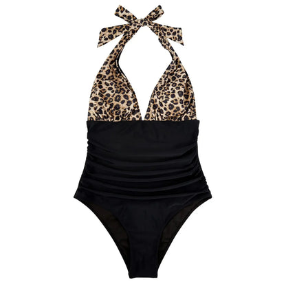 Block V-Neck Halter Swimsuit