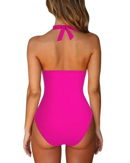 Block V-Neck Halter Swimsuit