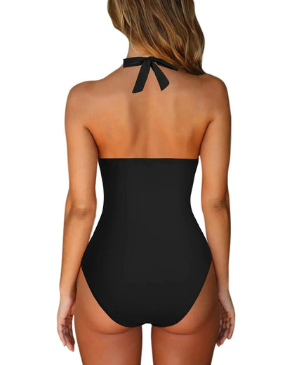 Block V-Neck Halter Swimsuit